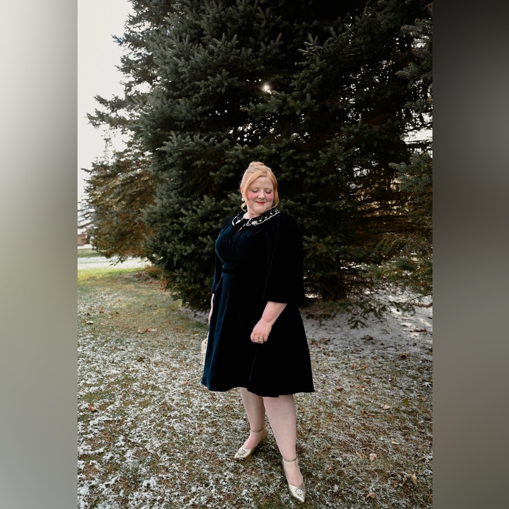 Blue Velvet Dress with Embroidered Collar